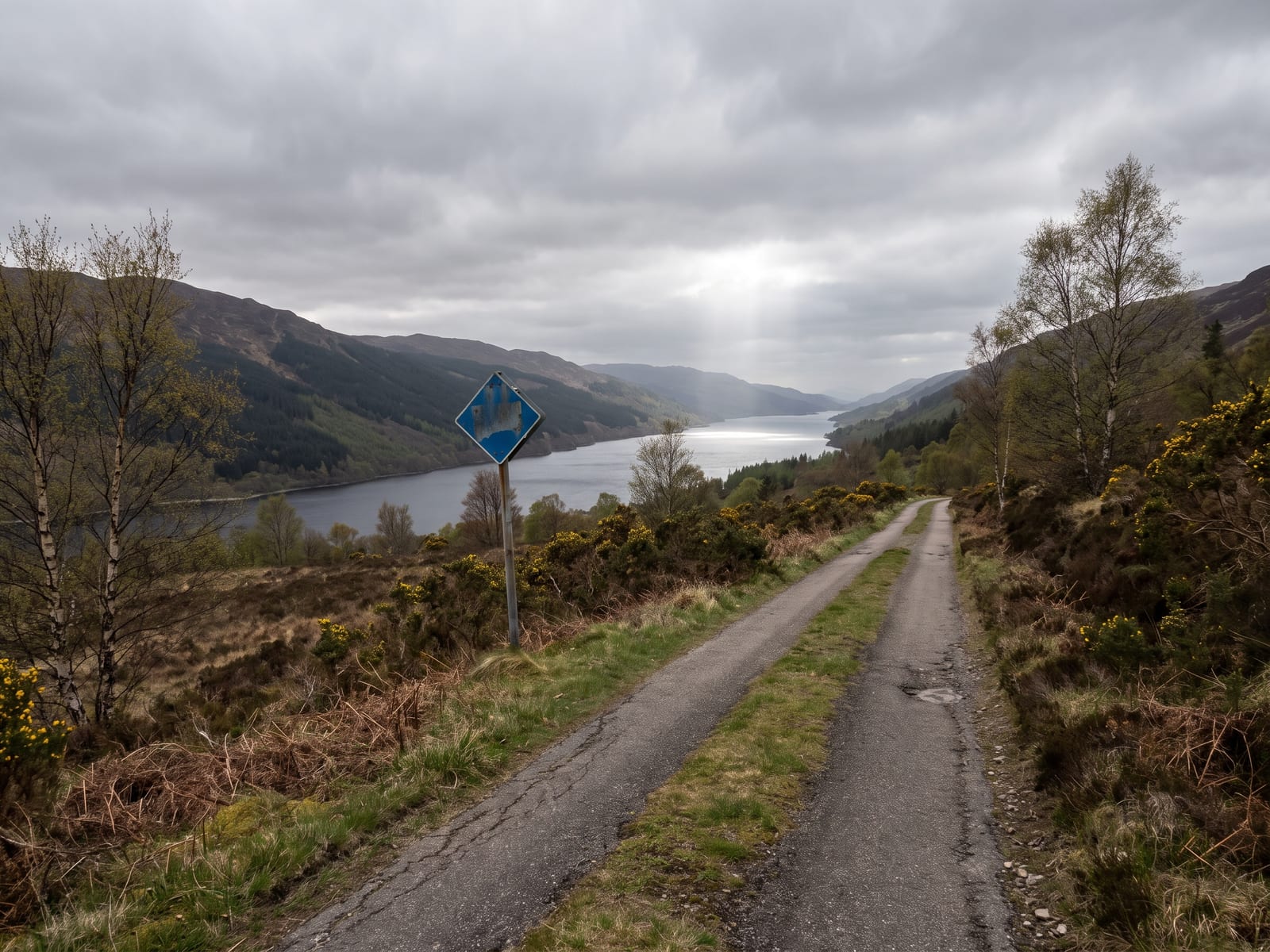 Near Inverness: a narrow single-track tarmac road with a passing-place sign running through open moorland high above a long dark Highland loch, Scotland