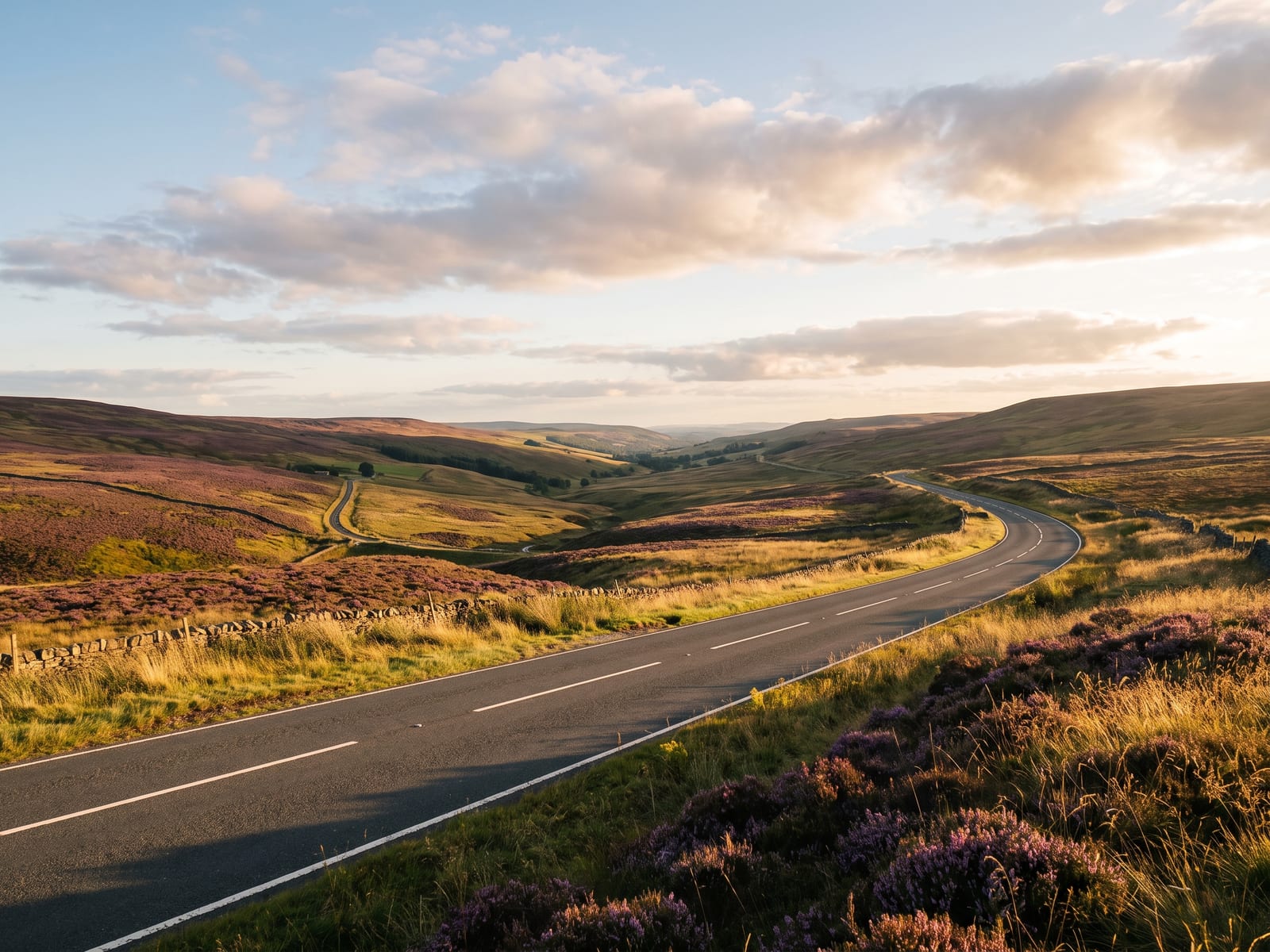 Near Jedburgh: a two-lane road sweeping across open rolling hills with heather and rough grass under a big sky in Northumberland