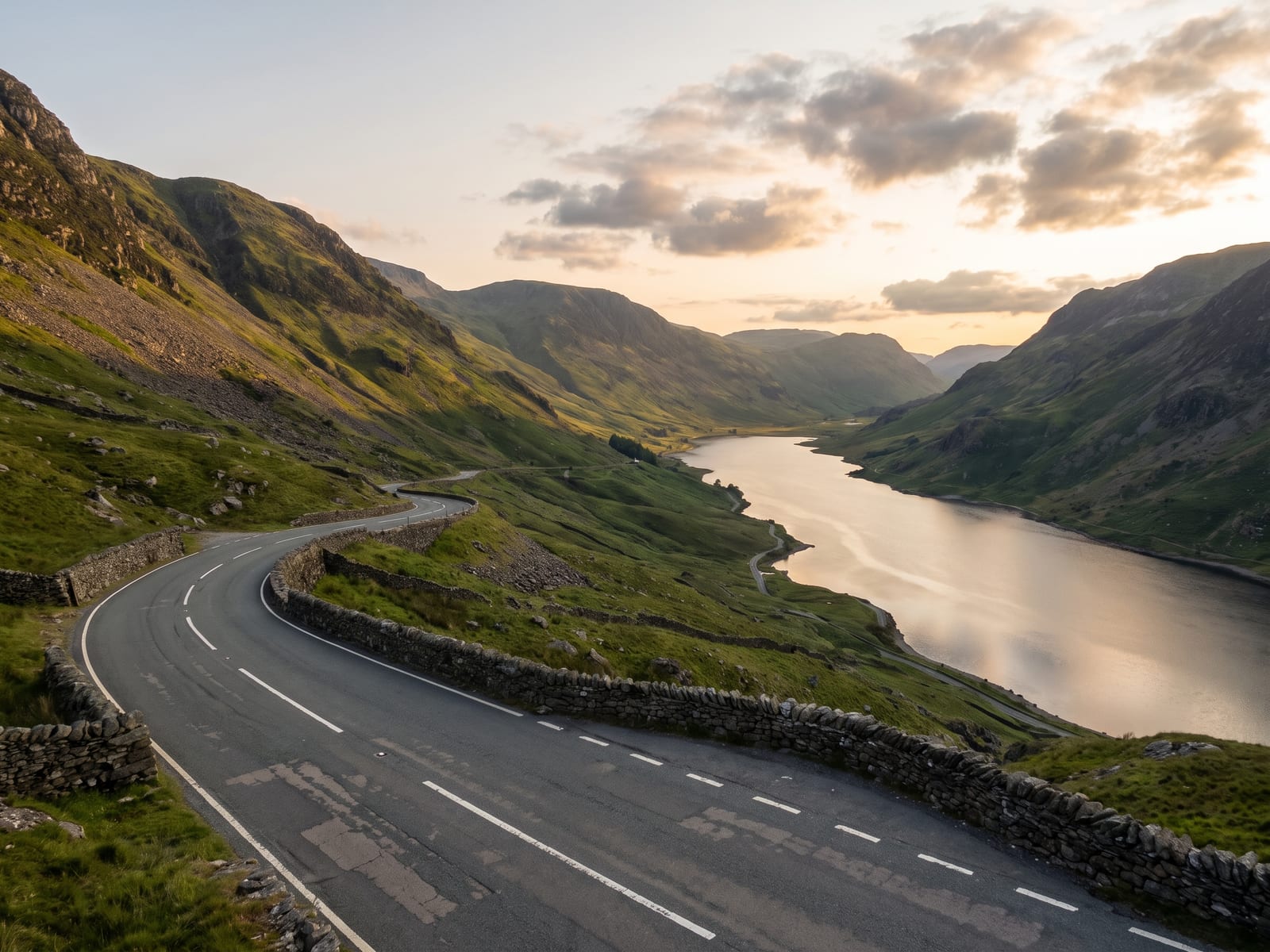 Near Kendal: a two-lane mountain road climbing towards a pass above a long glacial lake in the Lake District, Cumbria