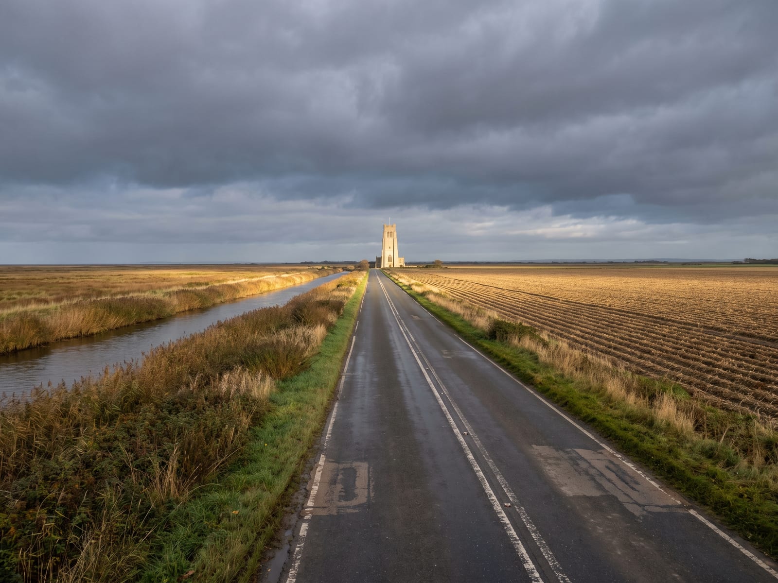 A long straight tarmac road across flat Norfolk marshland, a wide drain alongside, a vast flat field of potatoes in neat rows, and an oversized pale medieval church tower rising far in the distance