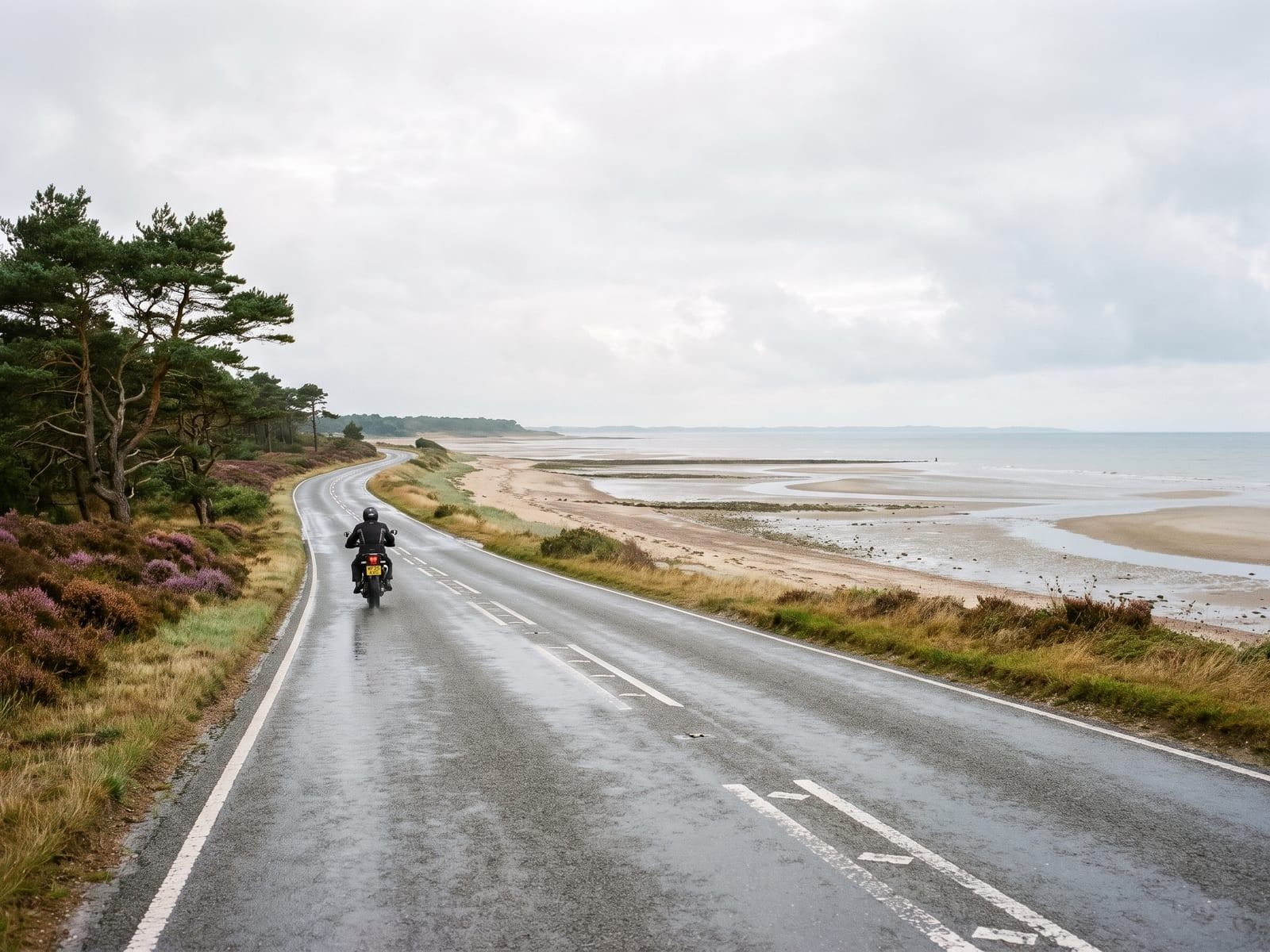 A tarmac road running along the north-west Norfolk coast, with a sandy shore and shallow pale sea on one side and tall Scots pines and heather on the other