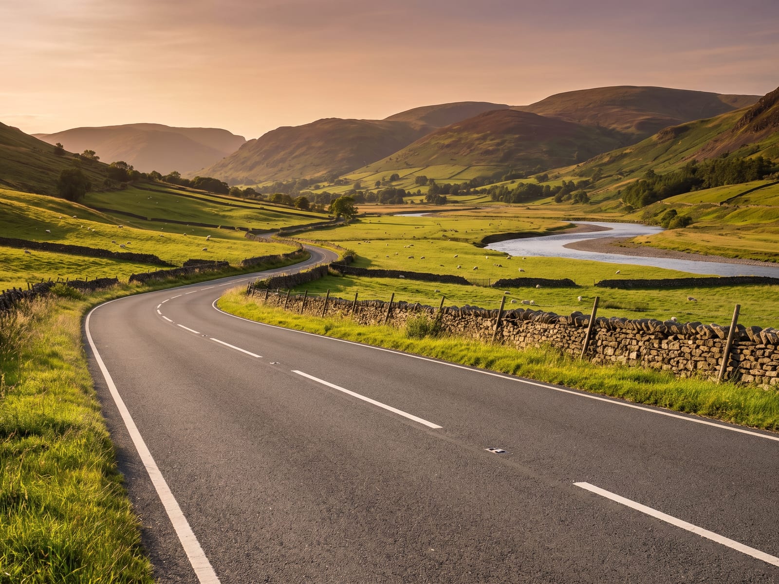 Near Kirkby Lonsdale: a smooth two-lane road running along a broad green river valley in Cumbria