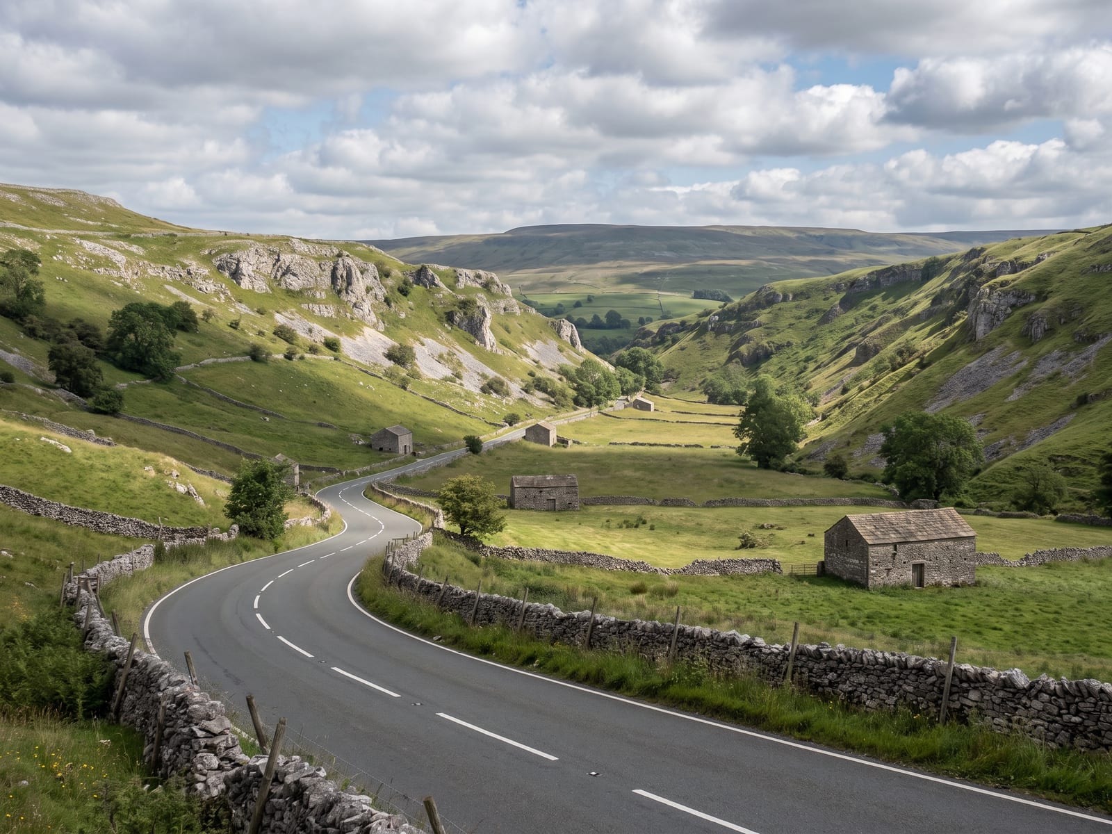 Near Leyburn: a winding tarmac road through a limestone dale in the Yorkshire Dales, pale scars of rock above steep green pasture