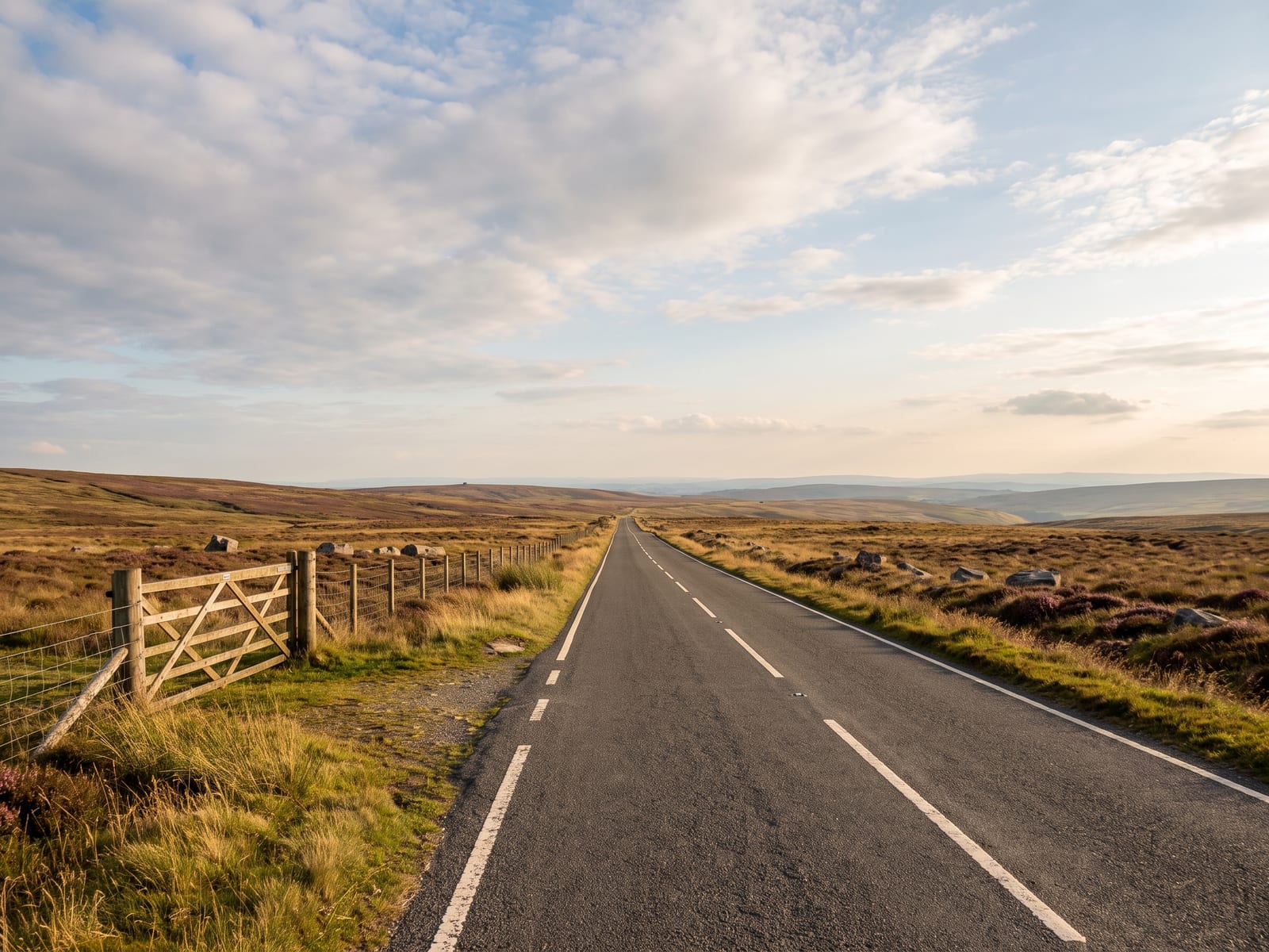 Near Llandovery: a quiet single-carriageway road crossing a wide, empty upland plateau of rough grass and heather in mid Wales
