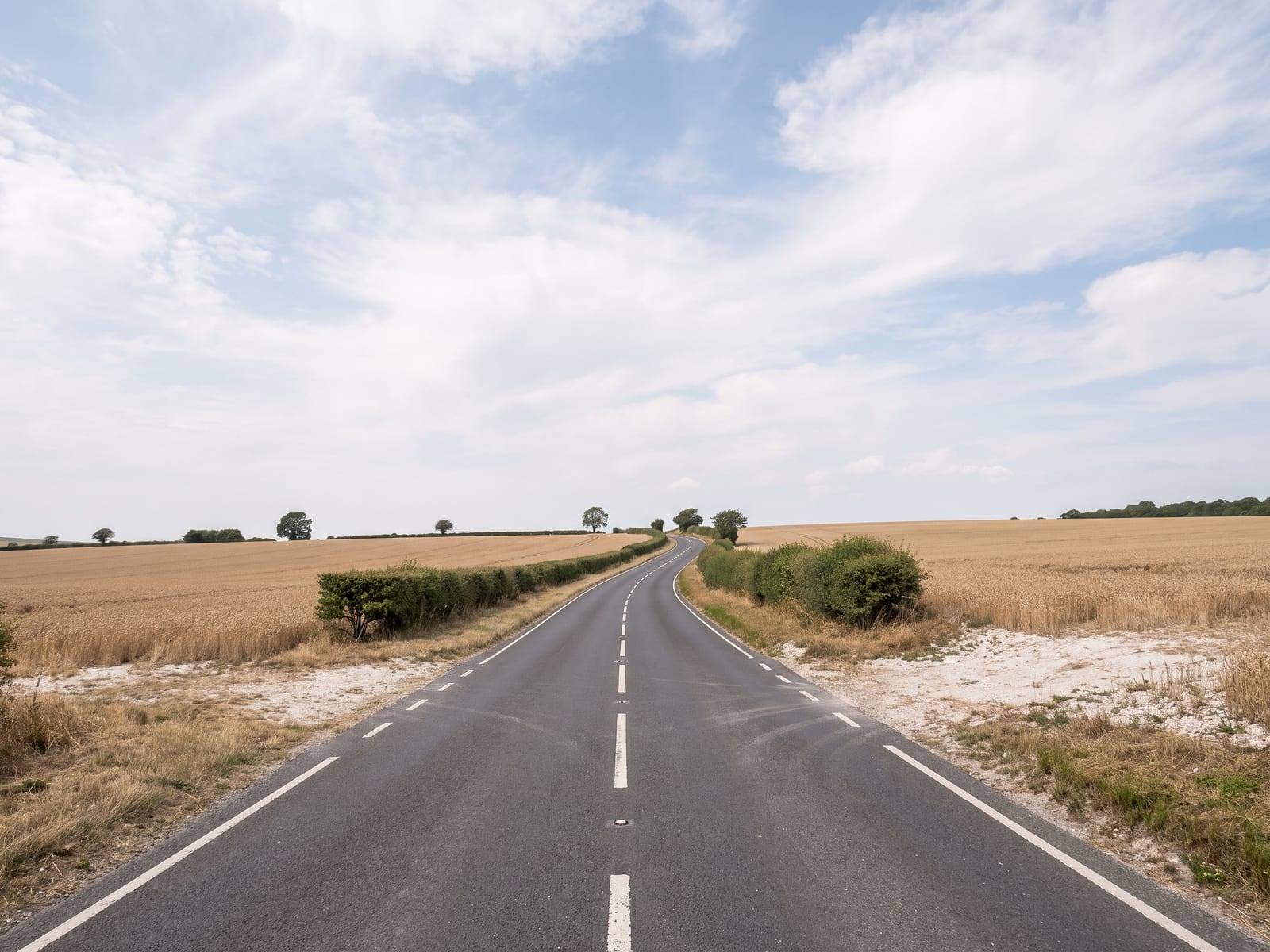 Near Malton: a smooth two-lane tarmac road crossing the open chalk Wolds of East Yorkshire, wide fields of ripening wheat and pale chalky soil