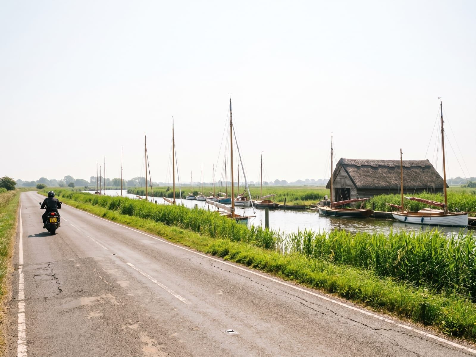 A tarmac road beside a wide reed-fringed waterway in Norfolk, with moored wooden sailing boats, bright green reed beds and a thatched boathouse