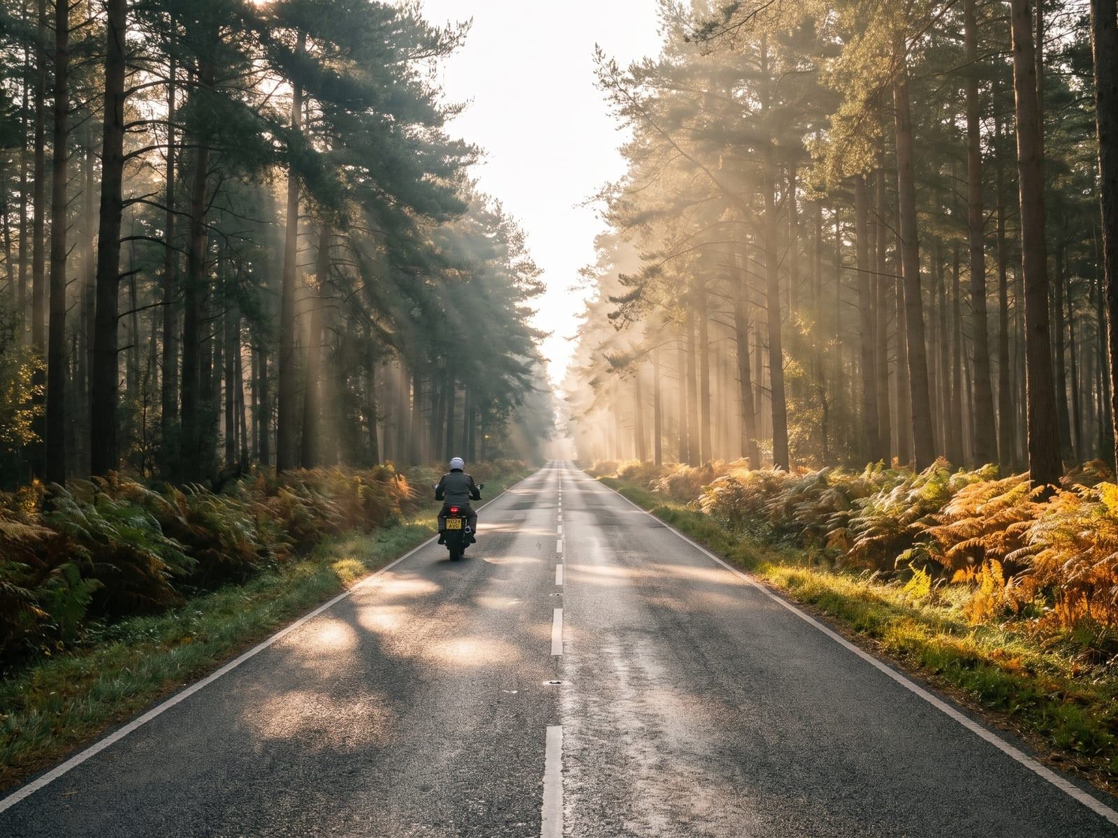 A straight tarmac road running through dense Scots pine plantation in Norfolk, shafts of low sunlight cutting through the trunks and dappling the road, ferns and golden bracken on the verges