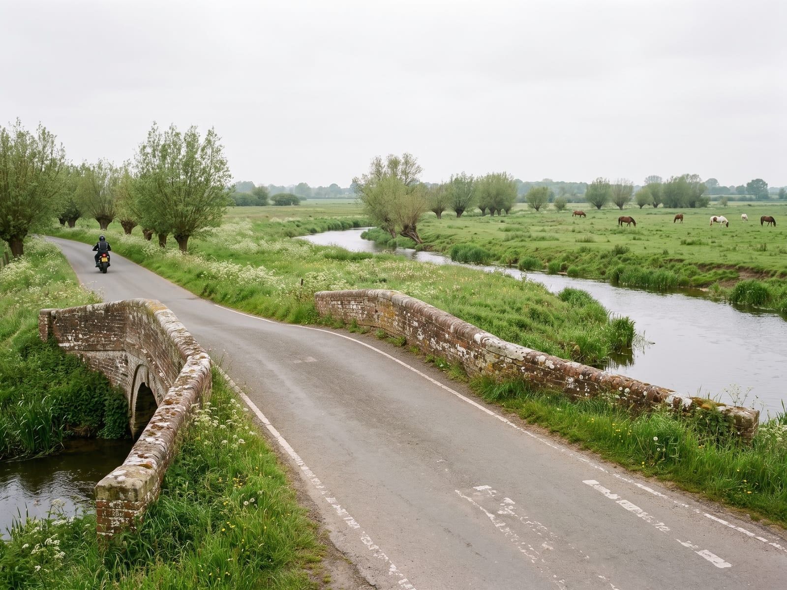 A country road crossing a low old brick bridge over a slow river in Norfolk, lush water meadows, pollarded willows and grazing horses far off