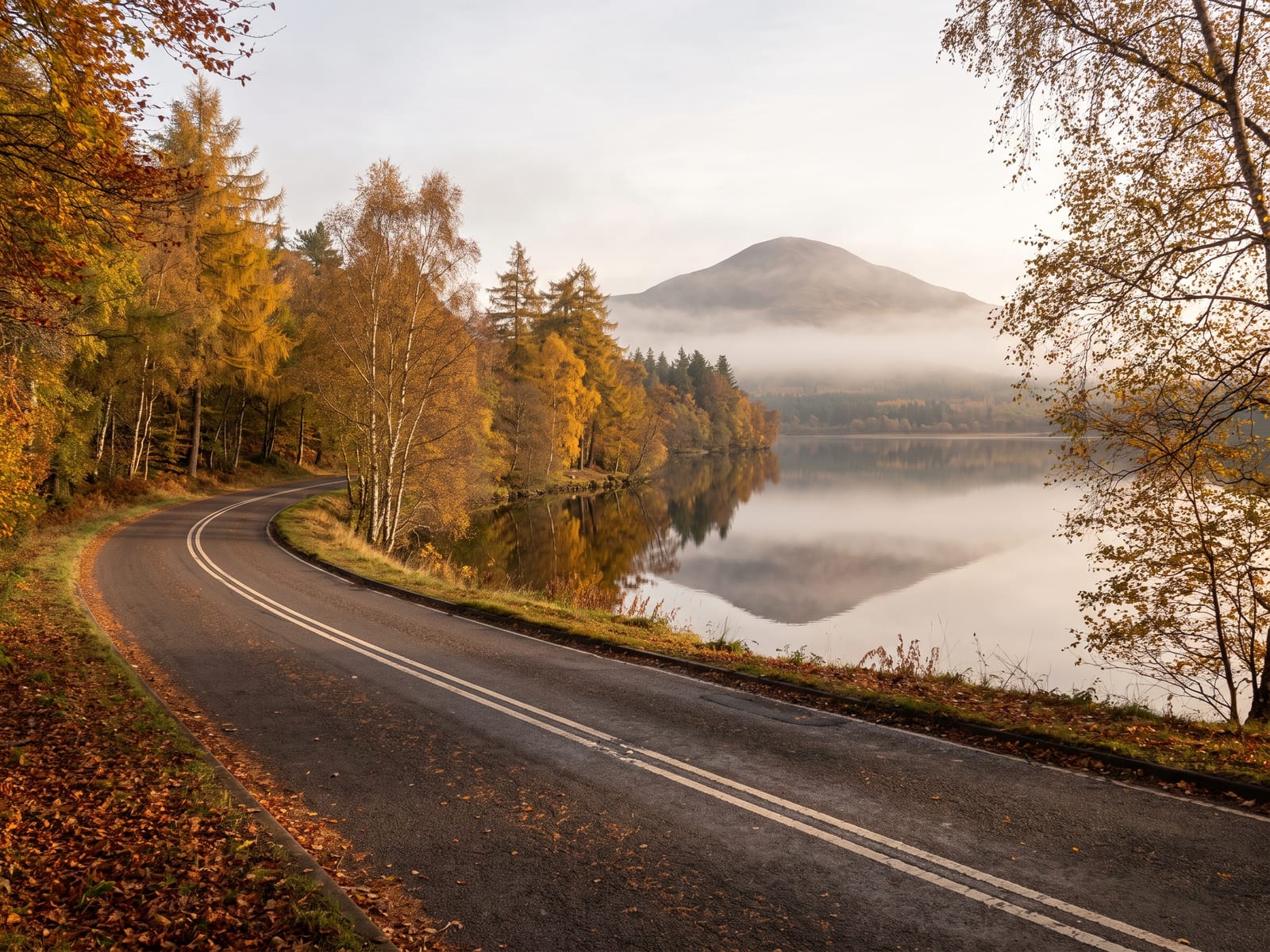 Near Pitlochry: a narrow tarmac road following the wooded shore of a Highland loch in Perthshire, Scotland, golden larch and silver birch in autumn colour