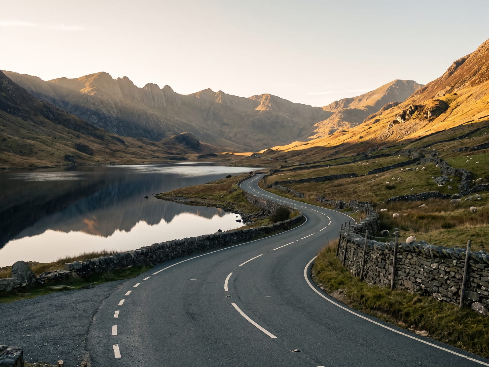 A winding tarmac road running along a quiet mountain valley in Snowdonia, Wales, a still lake reflecting a jagged ridge on one side and grey slate-stone walls and rough pasture on the other