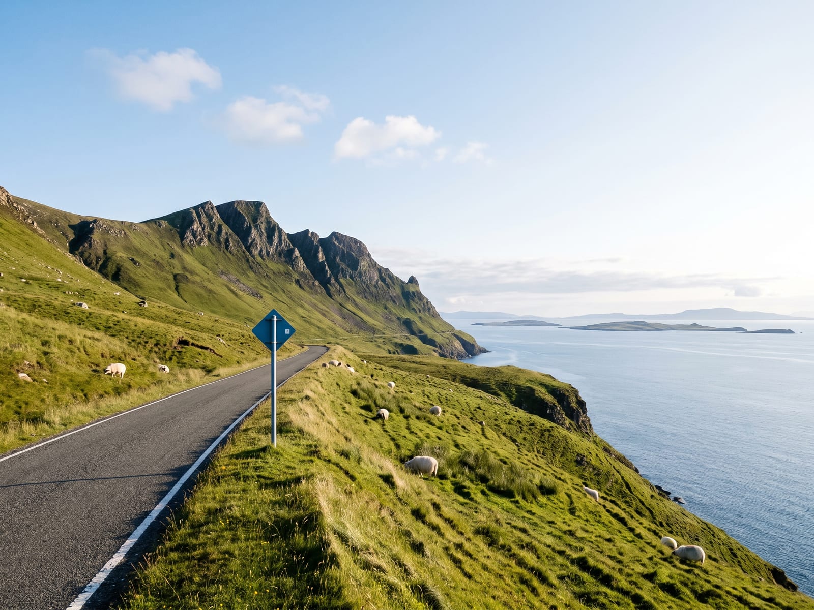 Near Portree: a narrow single-track tarmac road with a passing-place sign running along a high green coastline on a Hebridean island, Scotland