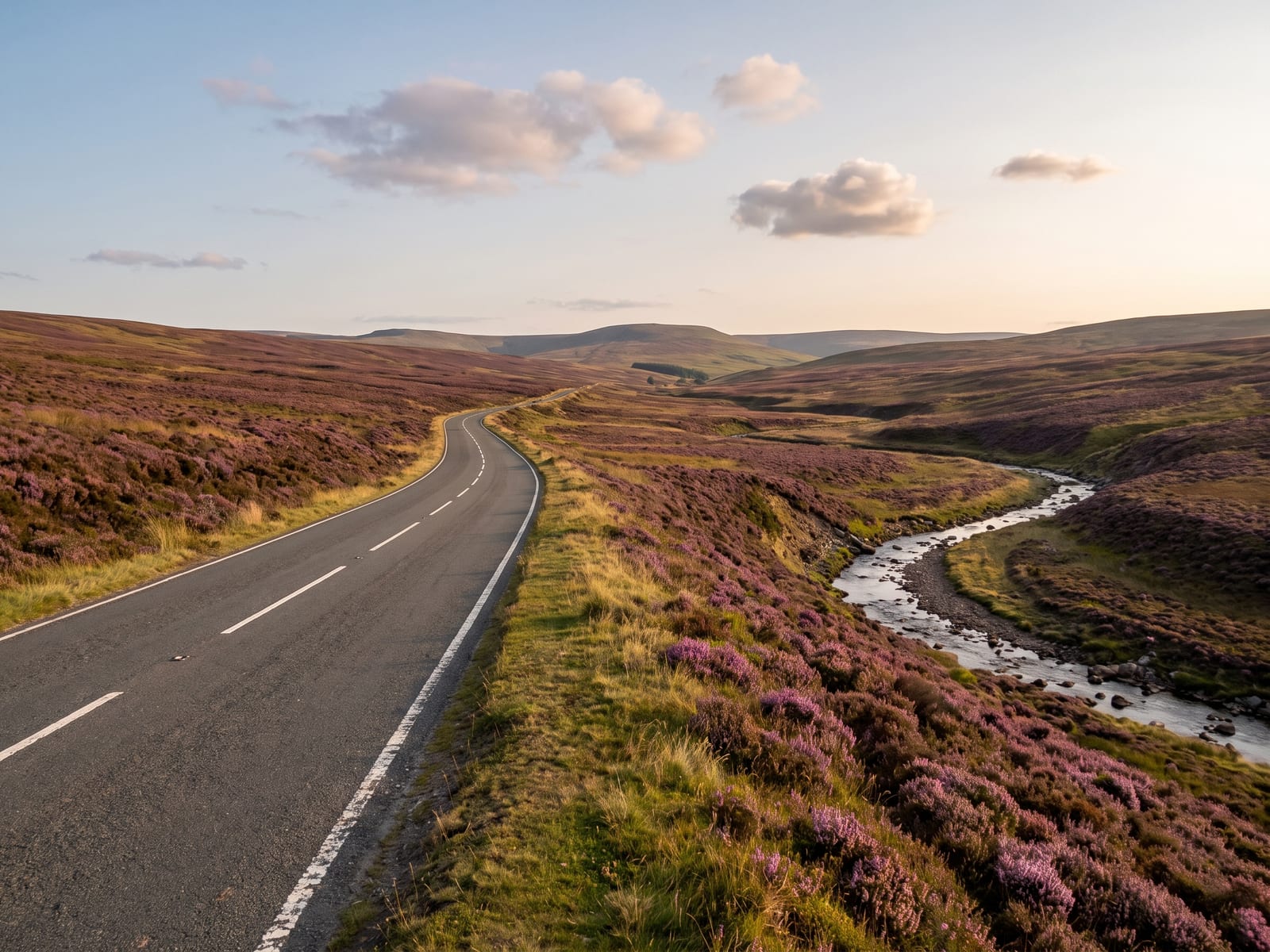 Near Rothbury: a quiet road crossing open moorland with purple heather in bloom and a shallow river valley dropping away to one side in Northumberland