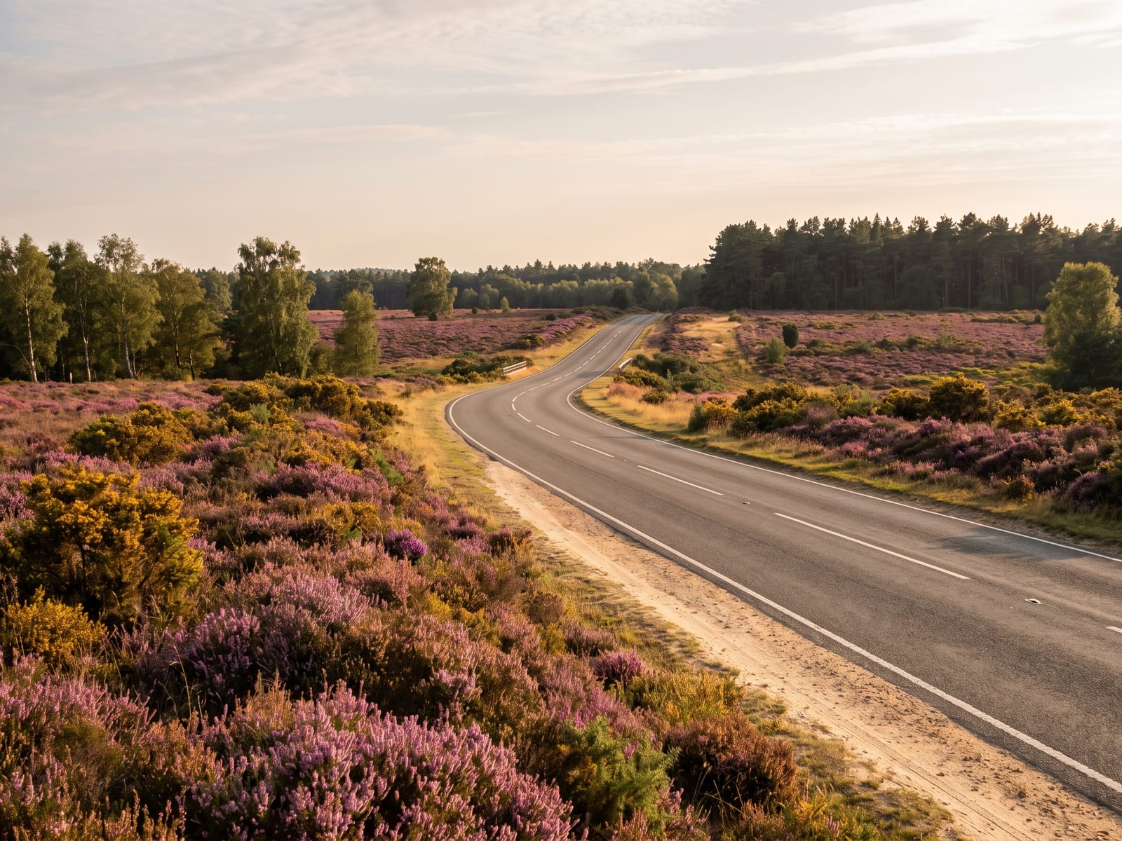 A tarmac road crossing open sandy heath in Norfolk, purple heather and golden gorse, silver birch and a dark pine belt on the horizon, pale sandy verge